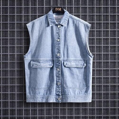 Mens solid color simple denim vest jacket loose big pocket denim jacket spring, summer and autumn fashion all-match