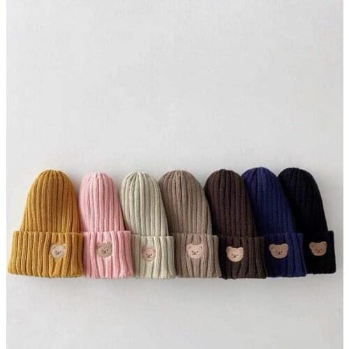 2021 Autumn Kids Hat Candy Color Boys Knit Hat Girls Bear Head Embroidery Kids Hat