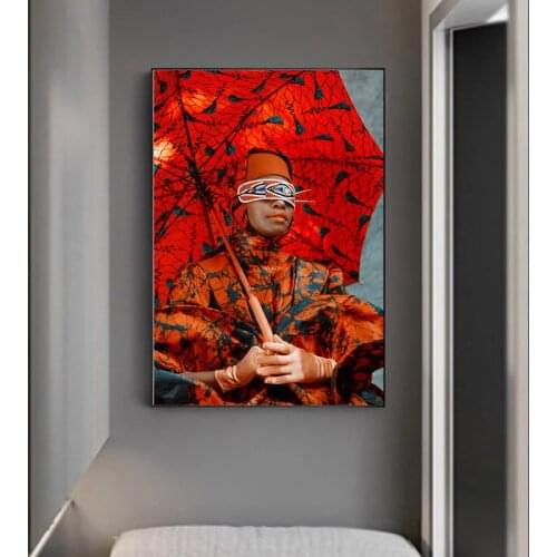 Red Umbrella African Woman Oil Painting on Canvas Art Cuadro Posters and Prints Nordic Wall Picture for Living Room Home Decor
