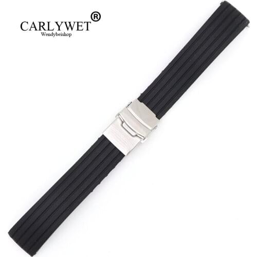 18 20 22 24mm Black Strap Silicone Rubber Waterproof Watch Band Straight End Double Push Stainless Steel Clasp