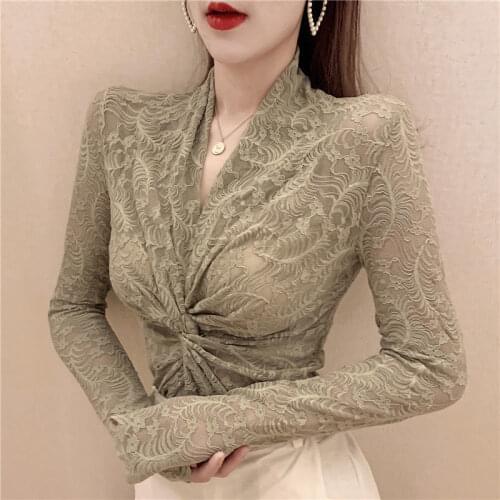 Blouse Women 2020 Sexy Cutout Cross V-neck Long-Sleeved Lace Top for Women Blusas Ropa De Mujer