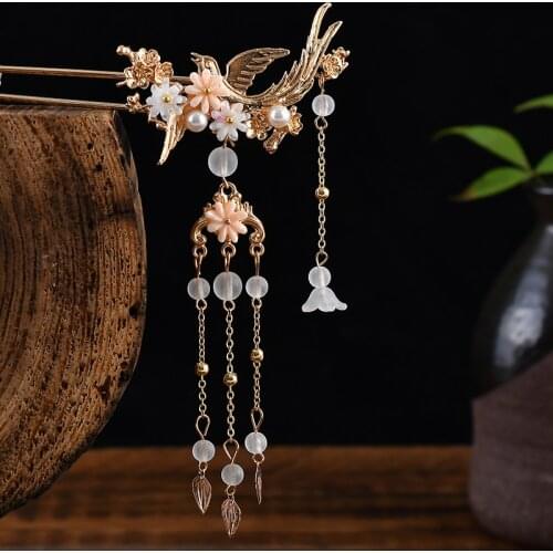 Women Chinese Hair Accessories Fairy Floral Bird Long Tassels Hairpin Hair Claw Hair Sticks Suitable for Photography Party