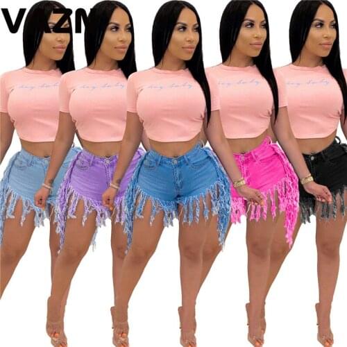 VAZN Hot sale 2020 summer sexy lady 5 colors solid jean shorts mid waist tassel skinny shorts lady high street popular shorts