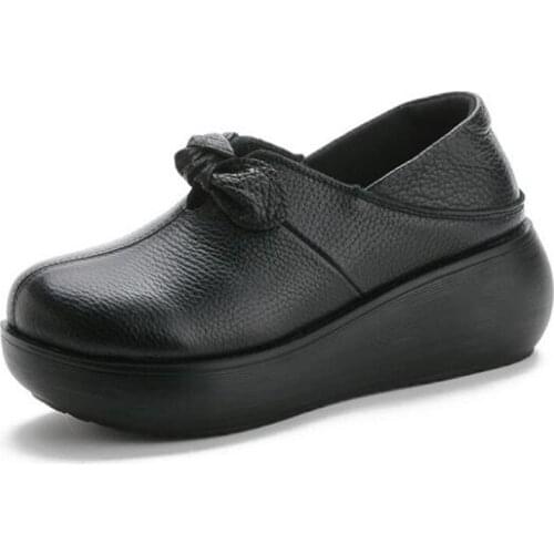 2020 Spring New Bow Thick Bottom Retro Women Shoes Genuine Leather Shoes Fashion Women High Heel Shoes Wedge Single Shoes