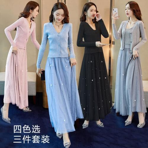 2021 Spring Autumn Korean Knitted Three Piece Set Women Long Sleeve Knitting Cardigan Sweater + Vest + Lady Skirt Suit X97