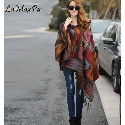 LaMaxPa Fashion Women Bohemia Hooded Coat Cape Poncho Shawl Scarf Tribal Fringe Hoodie Femme Retro Mujer Elegante Dropshipping