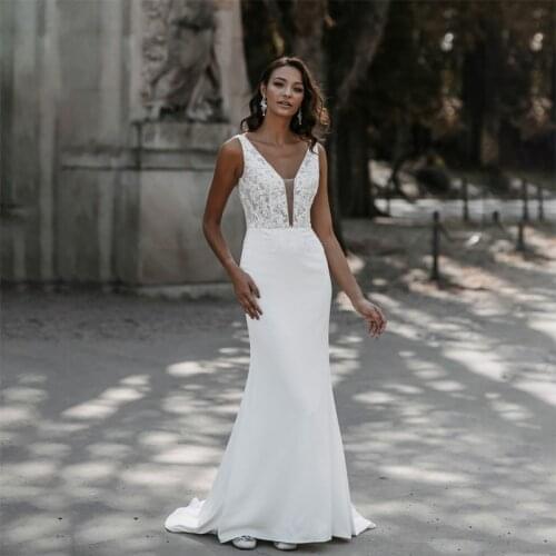 Sexy Deep V Neck Sheath Beach Wedding Dress 2021 Applique Lace Custom Made Robe De Mariee Tulle Elegant Low Back Bridal Gowns