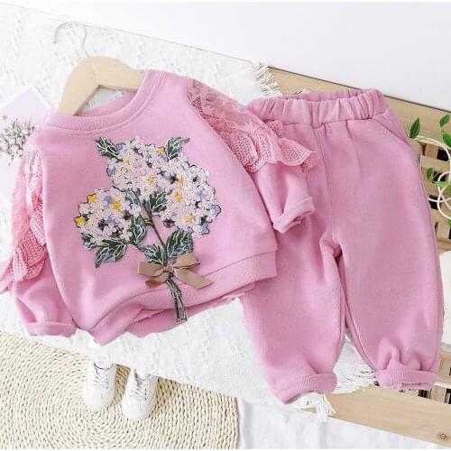 Kids Baby Toddler Girl 2PCS Clothes Set Long Sleeve T-Shirt + Long Pants Pocket Round Collar Embroidery Outfits Set 6 M-4 Year