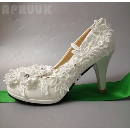 Flower lace appliques wedding pumps shoes bride handmade luxury bridal 9CM high heels platforms ladies banquet dress lace pumps