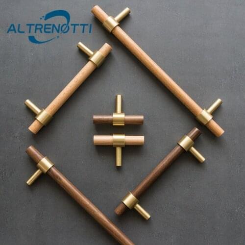 Wooden Furniture Handle Walnut Beech Brass Gold T Bar For Kitchen Cabinet Cupboard Wardrobe Drawer Door Pull Vintage Closet Knob