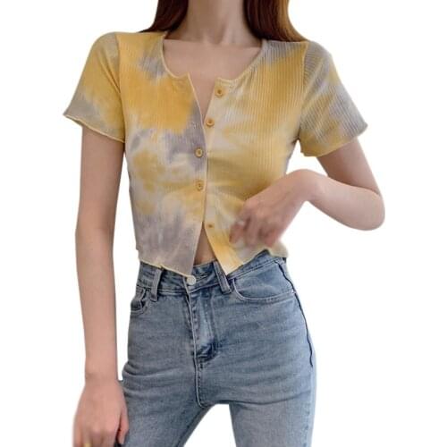 Womens O Neck Tie-Dyed Tshirt Summer Slim Expose Navel Short Sleeve Tee Shirt Tops