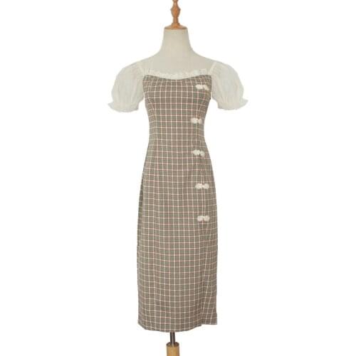 PERHAPS U Plaid Puff Short Sleeve Knee Length Solid Dress Vintage Pencil Slash Neck Elegant D1796