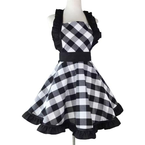 Household Retro Plaid Aprons for Women Classic Ruffle Cuffs Cooking Apron for Home Kitchen Nursery Brief Sleeveless Apron