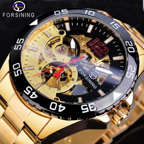 Forsining Skeleton Sport Mens Golden Wristwatches Fashion Automatic Mechanical Stainless Steel Waterproof Luminous Hands Clocks