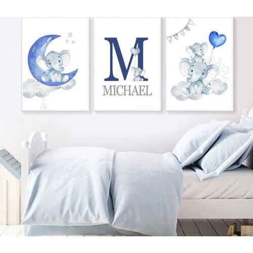 Blue Moon Balloon Diamond Painting Elephant Poster Kindergarten Mural Custom Name Diamond Embroidery Baby Boy Room Decoration