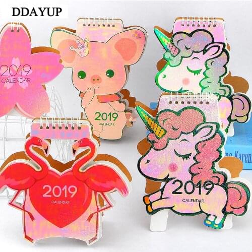 2019 Cute Animal Unicorn Flamingo Pig Laser Mini Table Desktop Calendar Agenda Organizer Daily Schedule Planner