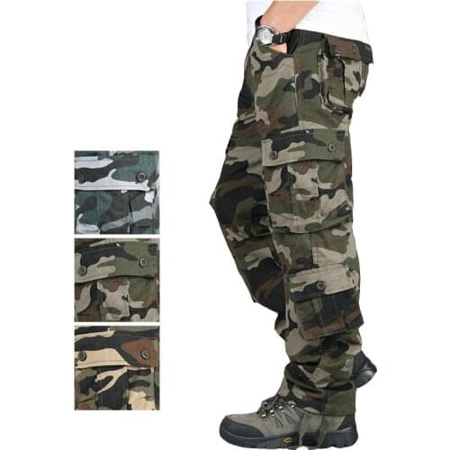 2022 Mens Camouflage Wear-Resistant Multi-Pocket Cargo Pants Outdoor Military Pants Autumn Straight Loose Casual Pants