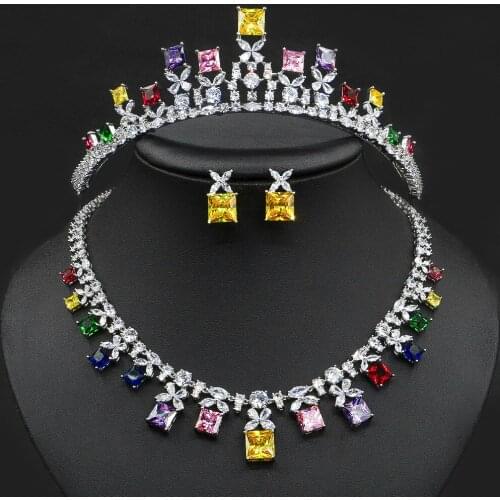 HIBRIDE Multi Color 3pcs Necklace Earring with Tiara Square Design Women Bridal Wedding Jewelry Sets Party Accessories N-1658