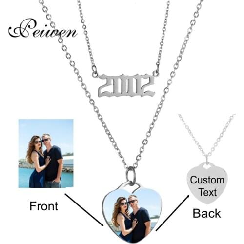Custom Name Photo Necklace Stainless Steel Chain Heart Pendant Layered Necklaces Choker Year Number 1980-2019 Birthday Year Gift