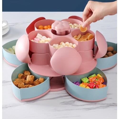 Plastic Lazy Fruit Dish Double Layers Snack Box Candy Plates Petal-shape Rotating Trays Box Dried Fruit Storage Organizer Box