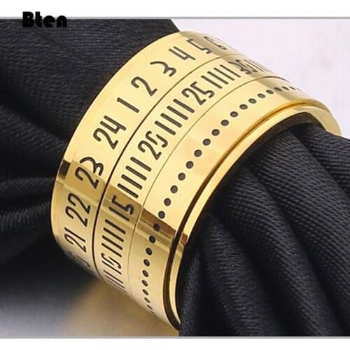 Bten Rotatable 3 Part Roman Numerals Ring Men Jewelry Stainless Steel Punk Spinner Male Bijoux Band with Date Time Calendar