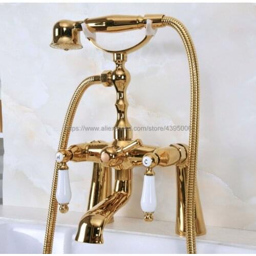 Luxury Gold Color Brass Dual Handles Deck Mounted Bathtub Shower Faucet Telephone Style Tub Mixer Taps With Handshower Bna141
