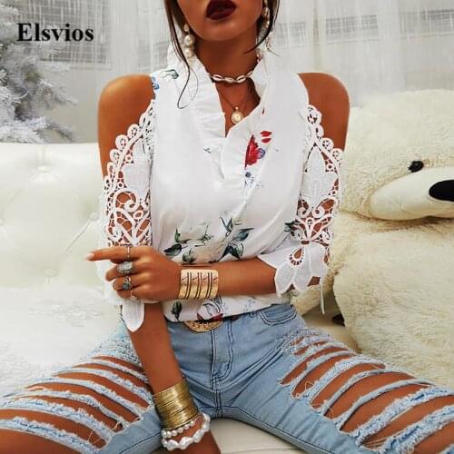 Sexy Off Shoulder Hollow Out Embroidery Shirt Blouses Summer Elegant Ruffle V Neck Tops Pullover Women Autumn 3/4 Sleeve Blusas