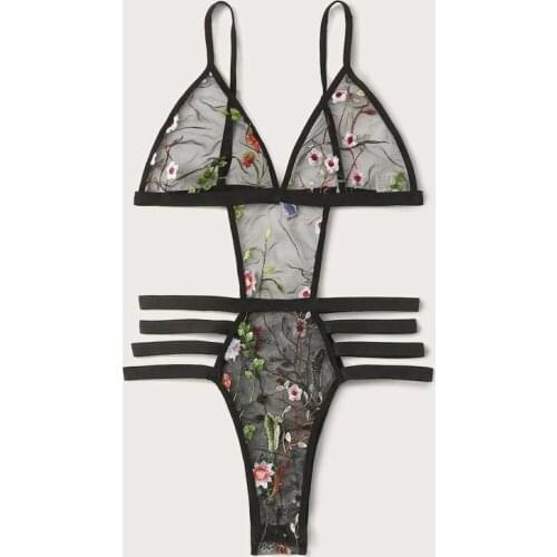 Sexy Deep V Neck Sexy Bodysuit Cute Transparan bodysuit Bodysuit for women Floral Embroidered Ladder Cutout Teddy Bodysuit