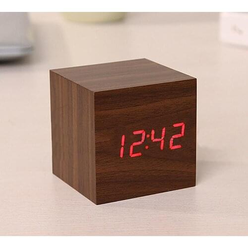 Modern Wooden Cube Digital LED Thermometer Timer Calendar Desk Alarm Clock