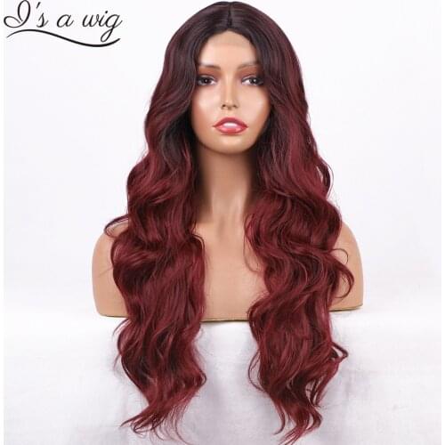 Is a wig Ombre Wine Red Wigs Synthetic Long Wavy Wigs for Black Women Middle Part Nature Hair for Daily Party Use