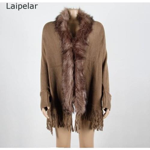 Womens Faux Fox Fur Collar Tassel Cape Shawl Bat Sleeve Knitted Cloak Solid Color Mid-Length Cardigan