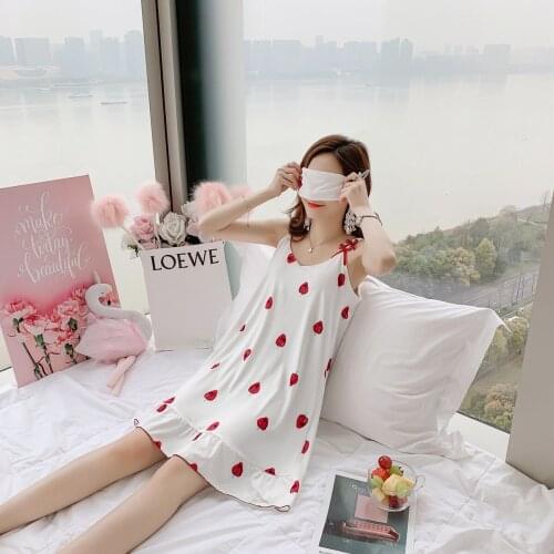 Sweet White Strawberry Sleep Wear Women Adjustable Spaghetti Strap V Neck Loose Summer Casual Mini Nightgowns Korean Pink Lounge