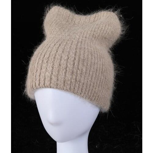 2021 FASHION colorways rabbit fur cat ears with lurex woman winter hat solid color autumn beanies Warm bonnet skullies