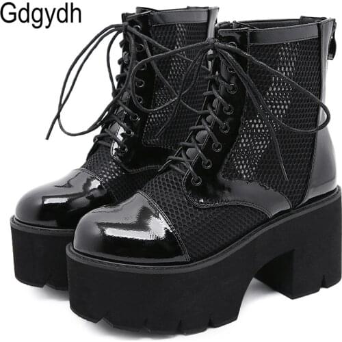 Gdgydh Ladies Gothic Shoes Women Platform Boots High Heels Lace Up Blace Mesh Breathable Patent Leather Ankle Boots Chunky Heels