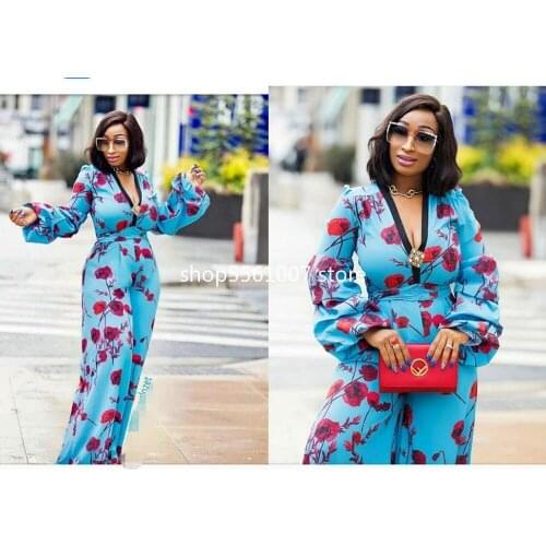 2021 new arrivals maxi women jumpsuit lantern sleeve empire waist no stretch wide leg pants casual sexy V neck jumpsuit