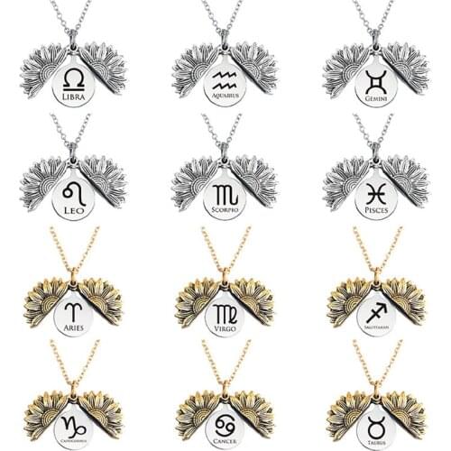 Chain Necklace Zodiac Sign Print Sunflower Pendant Necklace for Women Vintage Flower Creative Necklace New Alloy Jewelry