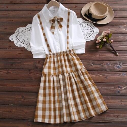 2020 Spring Japanese Style College Shool Uniform Girls Plaid Dresses Clothes False Two-Piece Bow Long Strap Dress For Female
