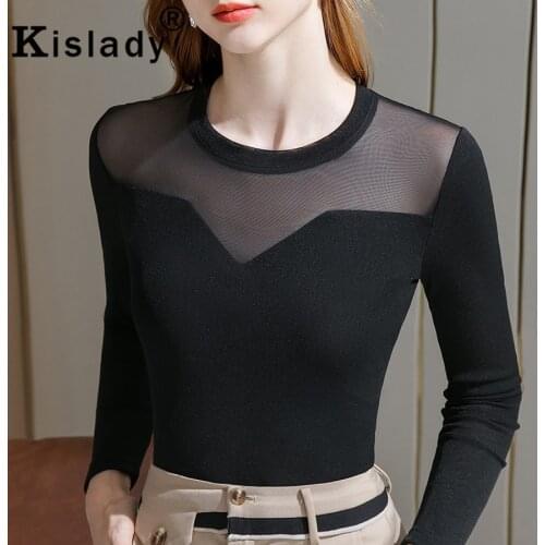 2021 Kislady Elegant Tops Lace Patchwork Women Shirts O-Neck Long Sleeve Mesh Fabric Shirts Korean OL Gothic Plus Size Clothes
