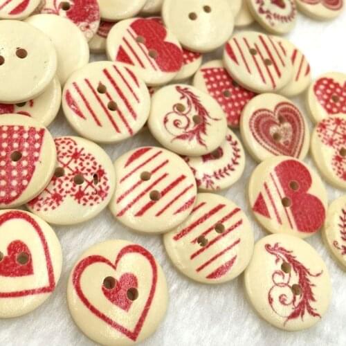50PCs 20mm Heart Wooden Buttons Mixed Heart Pattern Decorative Buttons 2-Holes Fit Sewing Scrapbooking Craft DIY WB342