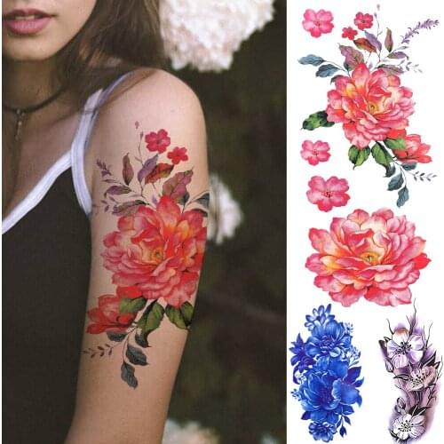 Watercolor Peony Temporary Tattoos For Women Men Realistic Lily Plum Carnation Fake Tattoo Sticker Chest Hand Disposable Tatoos