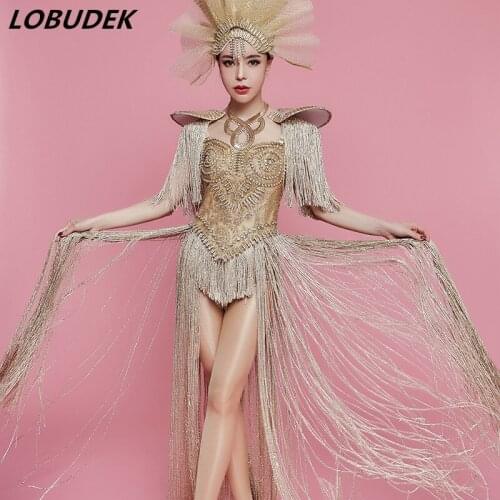 Sparkly Crystal Long Tassel Bodysuit Gold Rivet Jumpsuit Sexy Female Stage Costume Party Luxurious Outfit Singer Catwalk costume