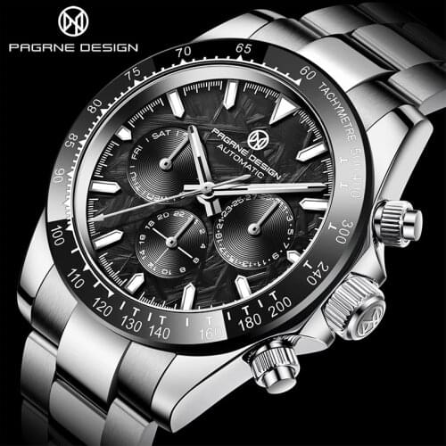 PAGRNE DESIGN 40mm Mechanical Mens Watches Sapphire Glass Automatic WristWatch Top Brand Stainless Steel Waterproof Clock