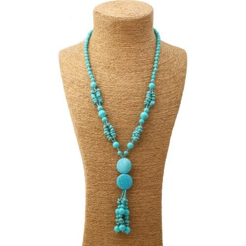 Gypsy Ethnic Round Blue Stone Necklace Women Turkish Nepal Jewelry Long Tassel Bohemian Collier Maxi Bib Statement Necklace