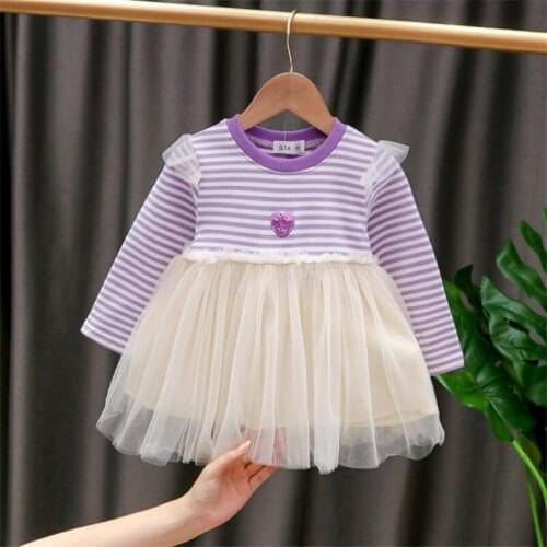 Kids Dresses Girls Long Sleeve Autumn Winter Clothes Striped Loveheart Wings Splicing Mesh Princess Party Dress Children Outfits