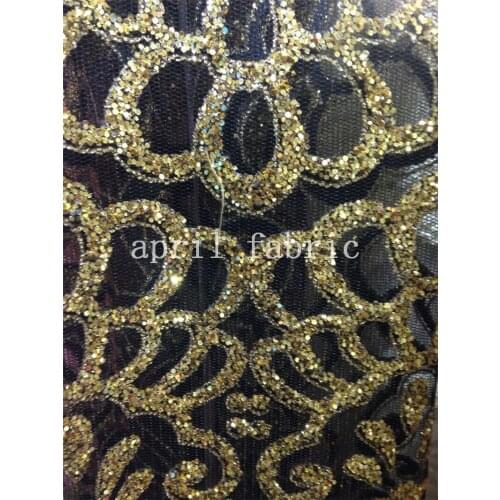 Hh015 african black gold crown luxury fancy hand print glitter black net mesh shining fabric for sawing/fashion design