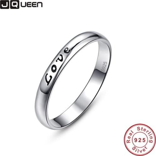 JQUEEN Solid 925 Sterling Silver Word "Love" Carve Design Wedding Band Stackable S925 Promise Ring Size 6-9