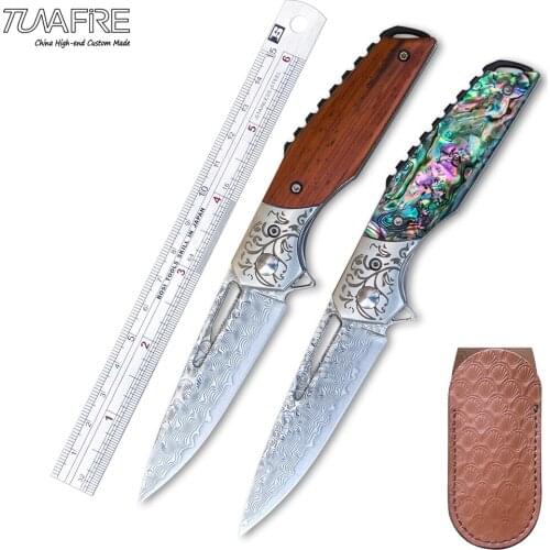 Tunafire Damascus Pocket Knife VG10 Ball Bearing Outdoor Camping Knives High-end Wood Handle Stainless Steel Tactical EDC Tools