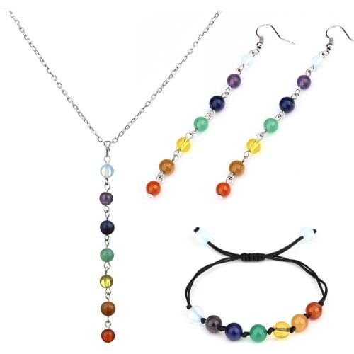 LOULEUR 7 Rainbow Reiki Chakra Pendants Necklace Sets Opal Round Beads Natural Stone Necklaces Collier Femme Women Jewelry