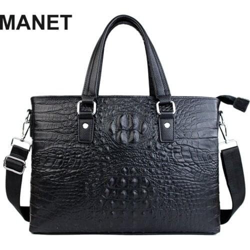 MANET Luxury 100% Cow Genuine Leather Business Mens Briefcase Male Shoulder Bag Alligator Messenger Bag Tote Computer Handbag