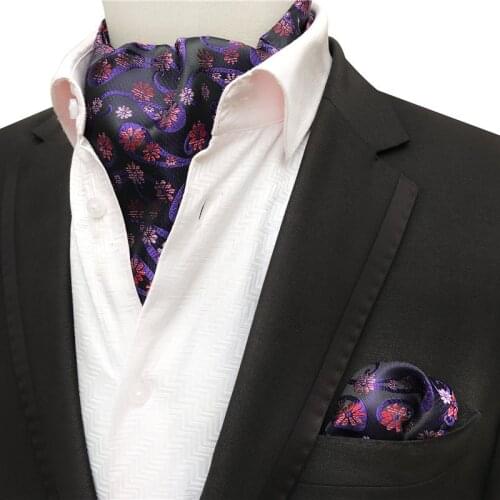 New Fashion Ascot Neckerchief Set Black with Purple Paisley Pattern Formal Scarf for Man